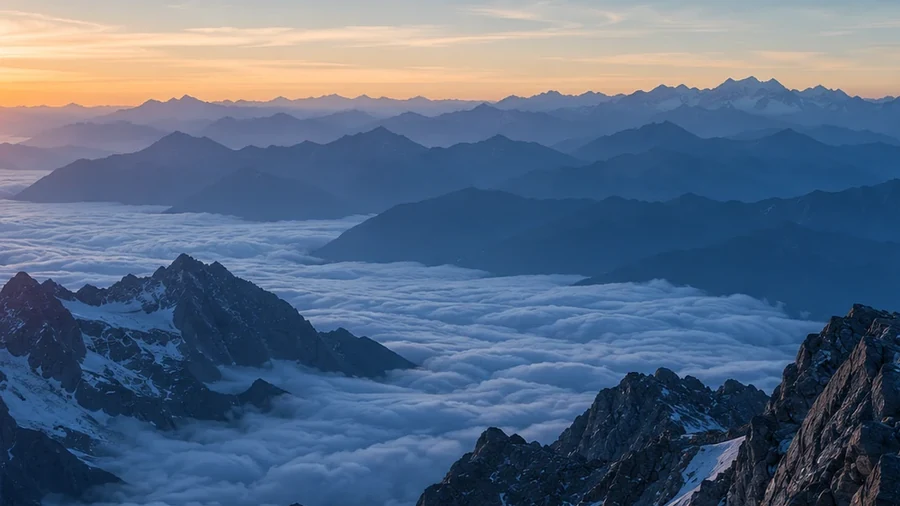 Blick vom Gipfel über gestaffelte Bergketten im Morgenlicht