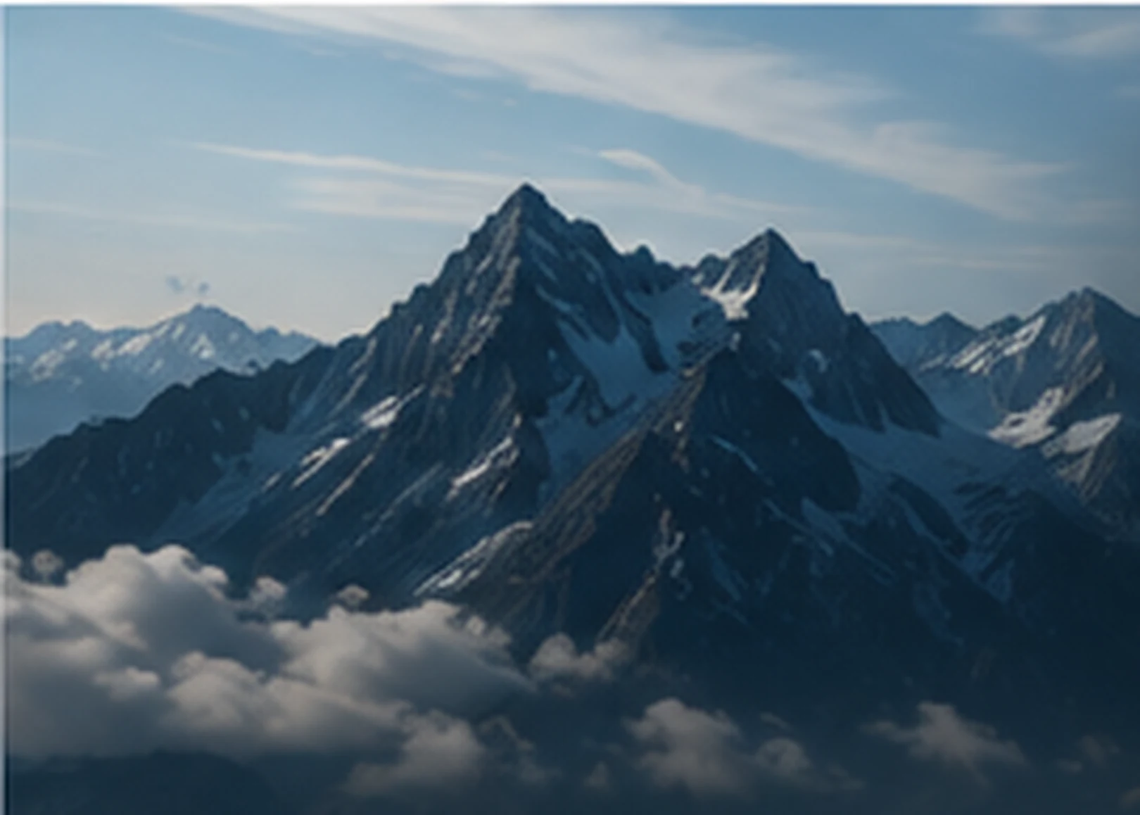 Schneebedeckter Berggipfel über einer geschlossenen Wolkendecke