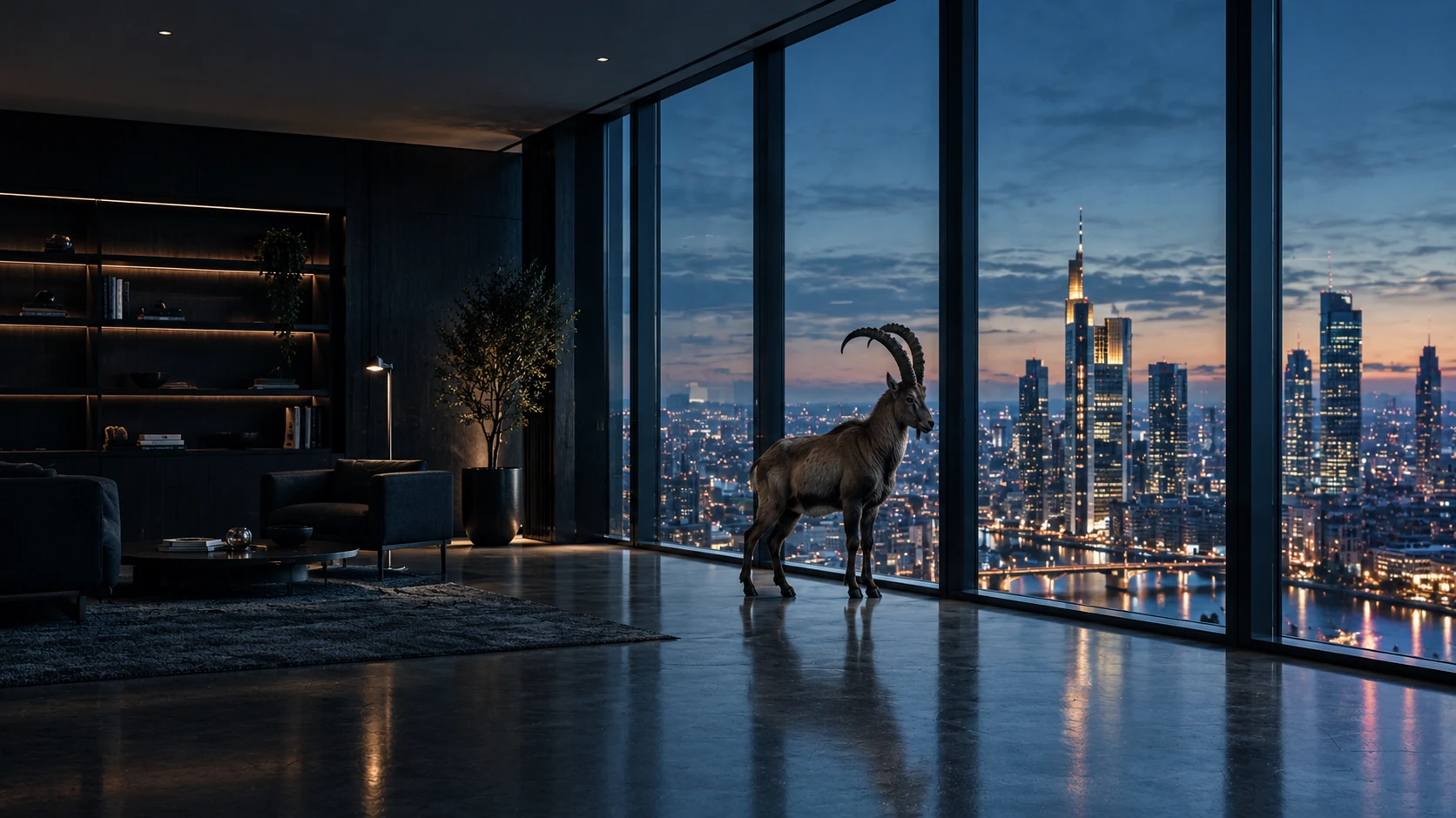 Steinbock in einem modernen Büro mit bodentiefen Fenstern, dahinter eine Skyline in der Dämmerung