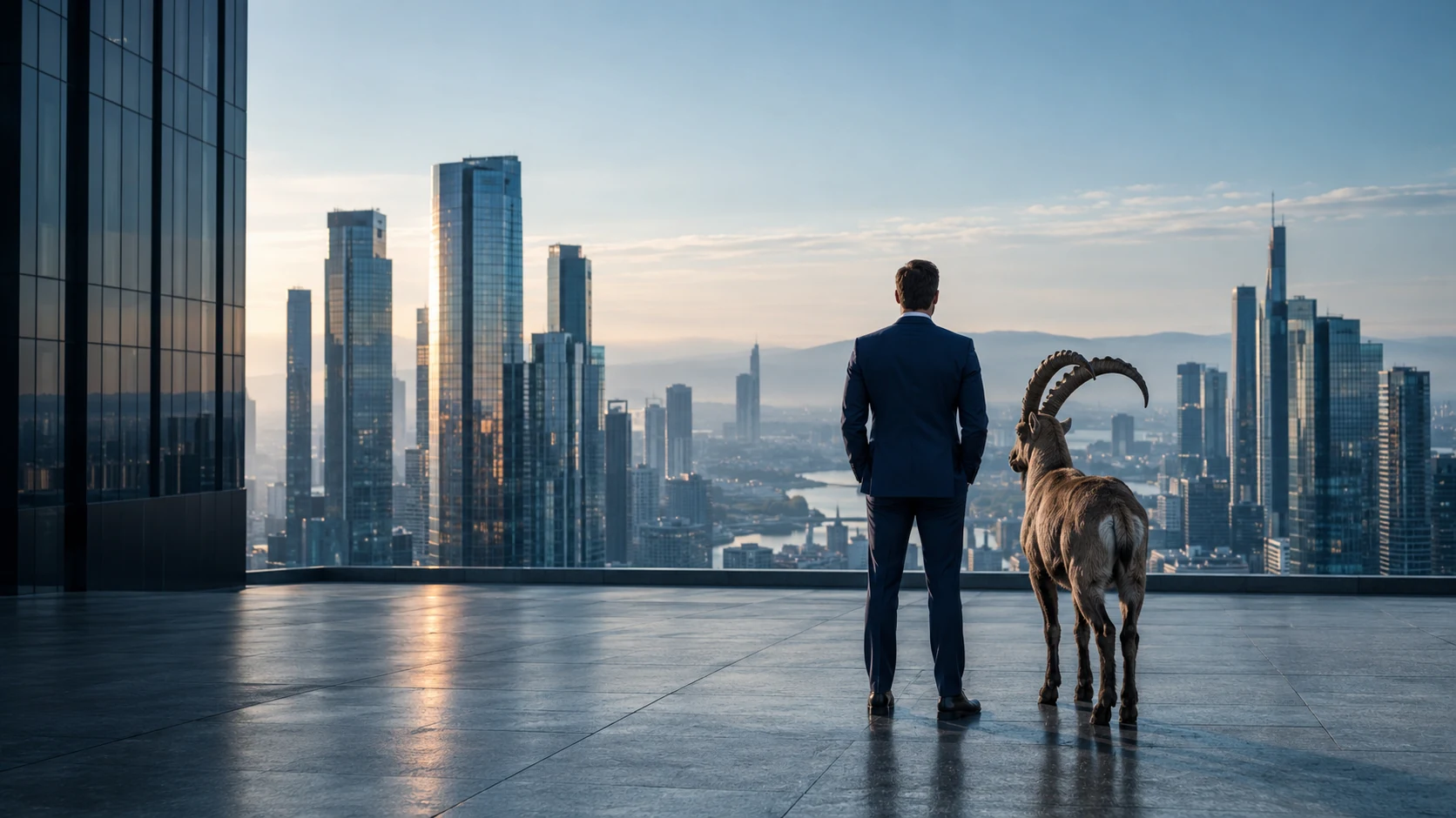 Mann im Anzug von hinten auf einer Dachterrasse, neben ihm ein Steinbock, davor eine Hochhaus-Skyline