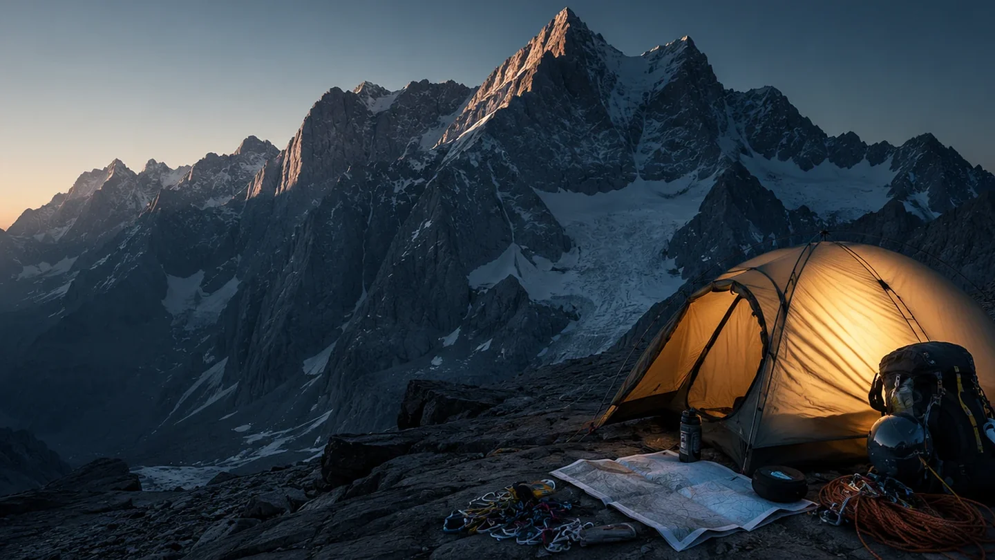 Beleuchtetes Zelt auf einem Bergplateau vor einem Felsmassiv im Morgenlicht