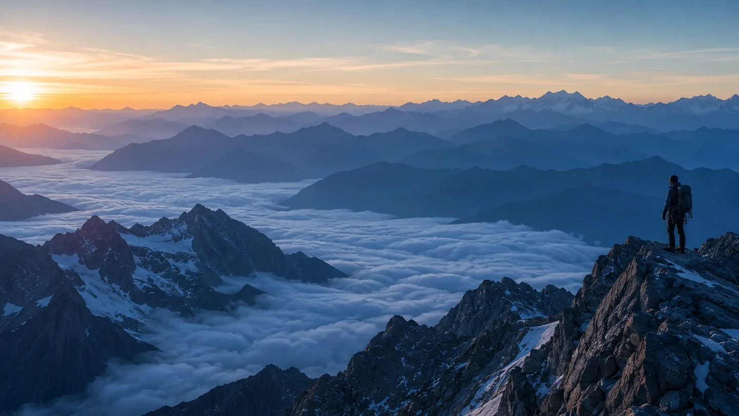 Bergsteiger auf einem Grat über dem Wolkenmeer, im Hintergrund Sonnenaufgang über einer Bergkette