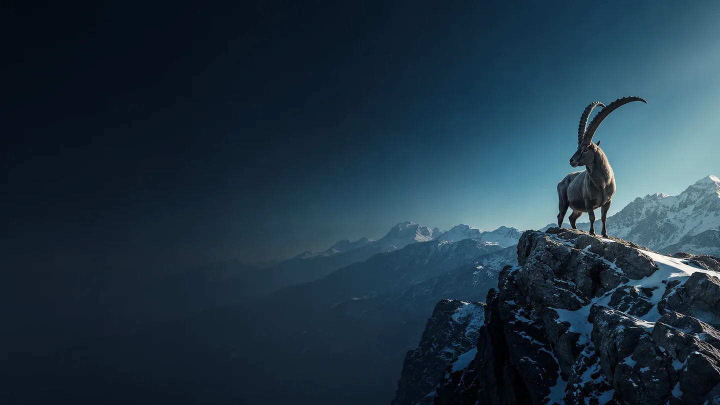 Steinbock auf einem Bergkamm im Gegenlicht